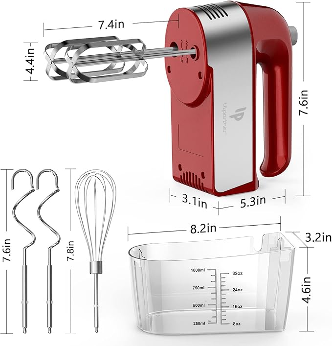 Hand Mixer Electric, 450W Kitchen Mixers with Scale Cup Storage Case, Turbo Boost/Self-Control Speed + 5 Speed + Eject Button + 5 Stainless Steel Accessories, For Easy Whipping Dough, Cream, Red