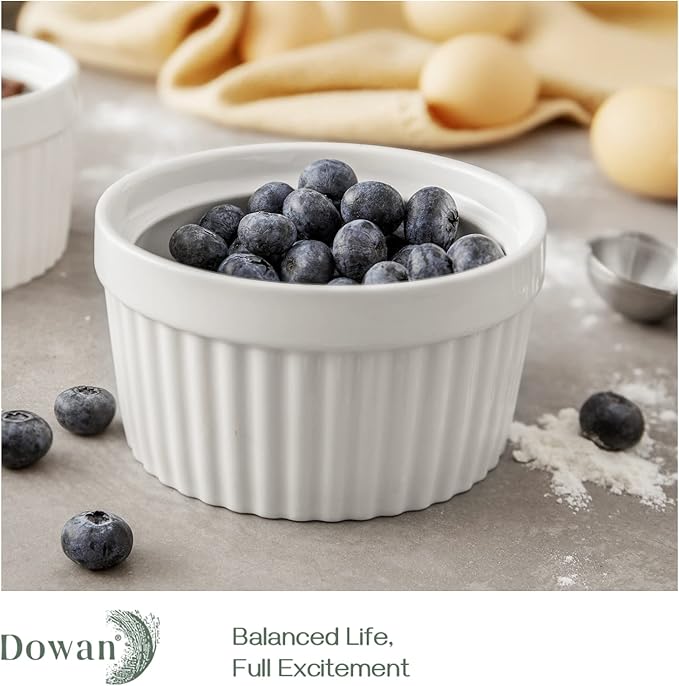 DOWAN Ramekins 12 oz Oven Safe, Creme Brulee Ramekin Souffle Dishes for Baking, Porcelain Samll Bowls for French Onion Soup, Dessert Custard Cups Sauce Dish, Set of 6, Soft White