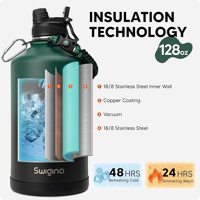 Swigina Insulated Water Bottle with Silicone Boot (36hrs Cold/18hrs Hot) - DIY Stickers, [2-in-1 Lid], BPA Free, 128 oz