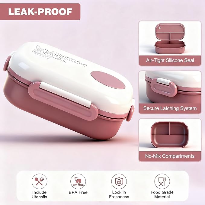 Lunch Bento Box Set - 3 Compartment Containers for Kids and Adults,lunch box for women with Thermo Lunch Bag, Leak-Proof and BPA-Free - Built-in Utensil Set,Sauce - Dishwasher Safe-Claret