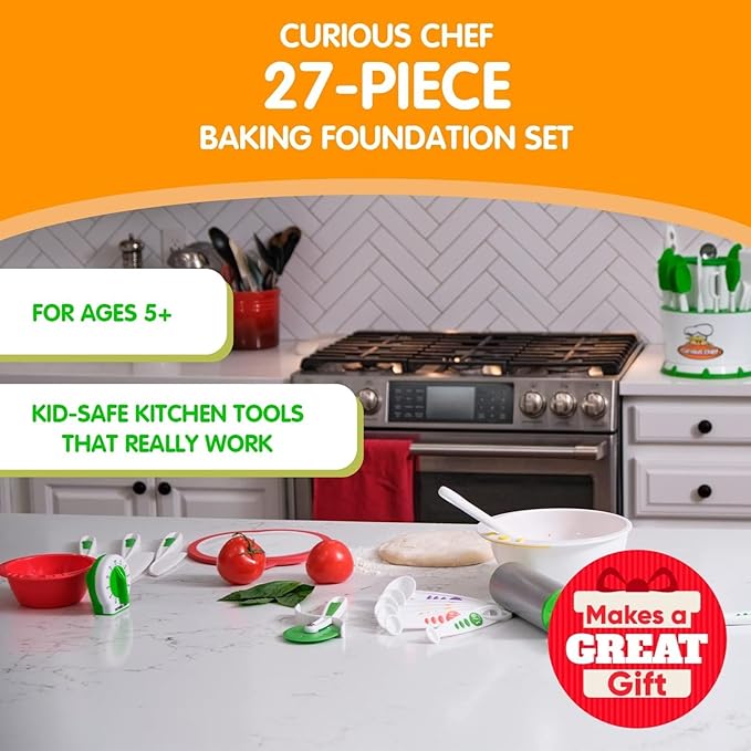 Curious Chef 27-Piece Plastic Kitchen Foundation Kit - Beginner Cooking Supplies for Kids - One Size Pink - Food-Safe Plastic & Dishwasher Safe - Rolling Pin, 3-Qt Mixing Bowl & Whisk - Baking Tools