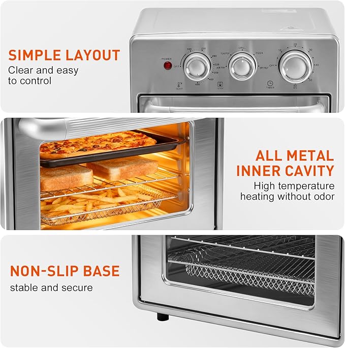 OLIXIS Air Fryer Toaster Oven Combo, 16.9QT Oven Countertop 5 Functions in 1, 4 Accessories Included, Stainless, Up to 450°F