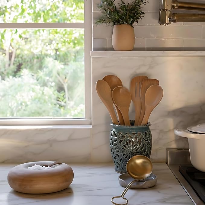 Farmhouse Kitchen Utensil Holder for Kitchen Counter, Ceramic Large Cooking Utensil Crock with Cork Mat, Decorative Rustic Utensil Organizer for Countertop, Spatula, Grayish Blue