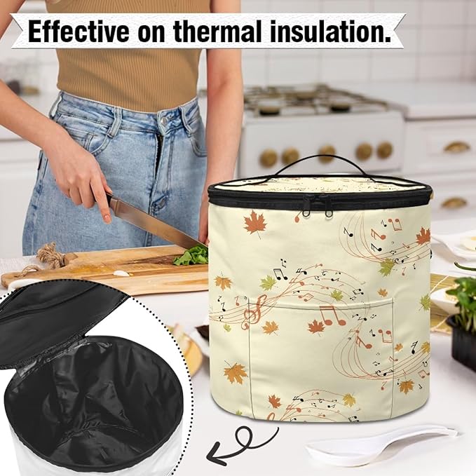Fall Electric Pressure Cooker Insulation Bag Reusable Pressure Cooker Storage Bag Kitchen Appliance Dust Cover, Music Note Maple Leaf
