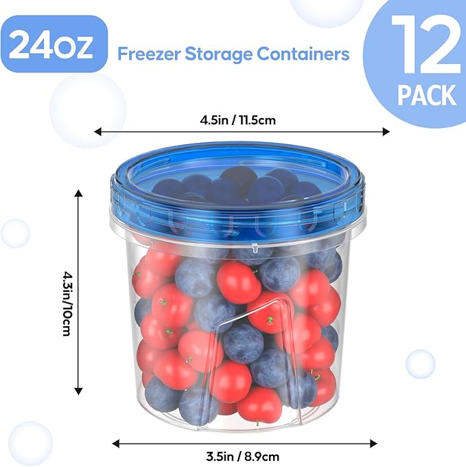 [12 Pack-24 Oz] Freezer Storage Containers Set, Small Plastic Containers with Twist Top Lids, Reusable Soup Containers for Meal Prep, Lunch, Leftovers
