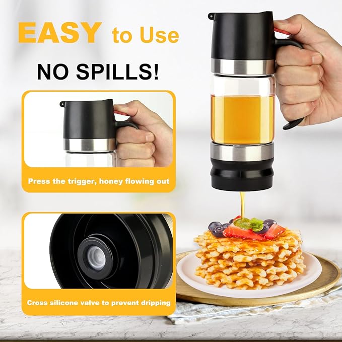 Glass Honey Dispenser No Drip, Maple Syrup Dispenser for Coffee, Tea, Pancake, Black (9 OZ, 1 Pack) U14
