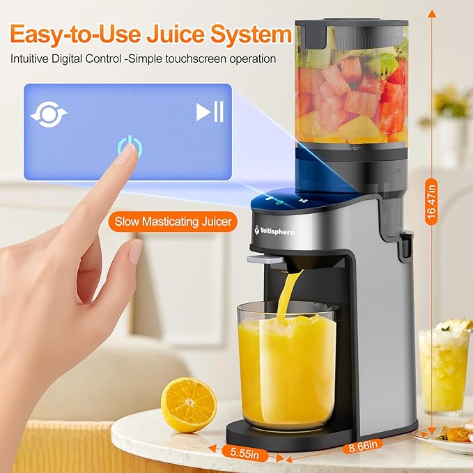 Cold Press Juicer,400W Juicer Machines,4.9"Wide Feed Chute Slow Masticating Juicer for Whole Vegetables & Fruits,High Juice Yield,Easy to Clean,Advanced Touch Sensing Switch(Silver Gray)