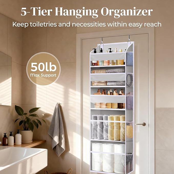 5 Tiers Over Door Organizer with 10 Mesh Side Pockets, 44 lbs Weight Capacity Hanging Storage Organizer with Clear Window Kids Toys, Shoes, Diapers, Light Gray