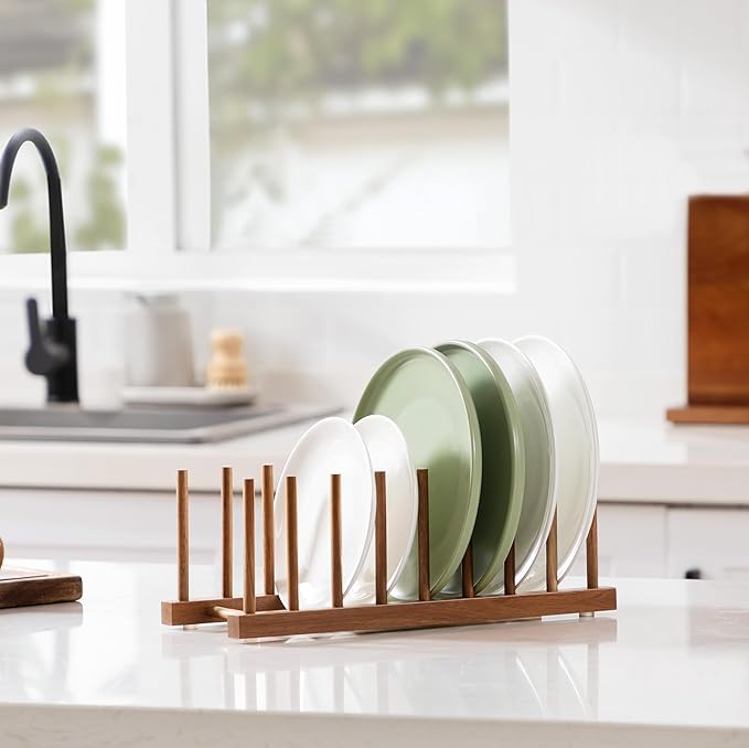 HBlife 4pcs Acacia Wooden Dish Dying Rack Pot Lid Plate Organizer Holder for Cabinet, Cutting Board Stand Drainer Storage Plate Rack for Dish, Pot Lid, Bowl, Cup, Cutting Board and Books