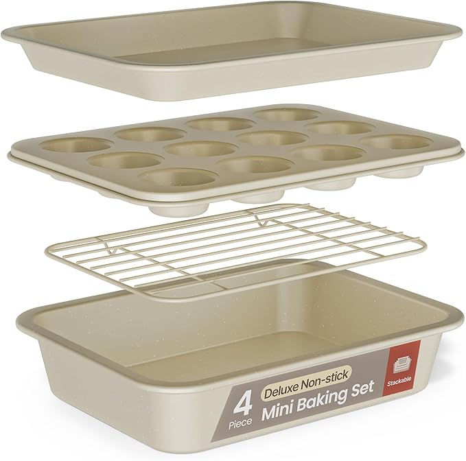 Bakken 4-Piece Bakeware Sets, Nonstick Carbon Steel Baking Sheet, Stackable Space-Saving Bakeware, Dishwasher Safe, Stain-resistant, PFOA, PFOS, & PTFE Free, Oven Safe Up To 450°F, White Marble