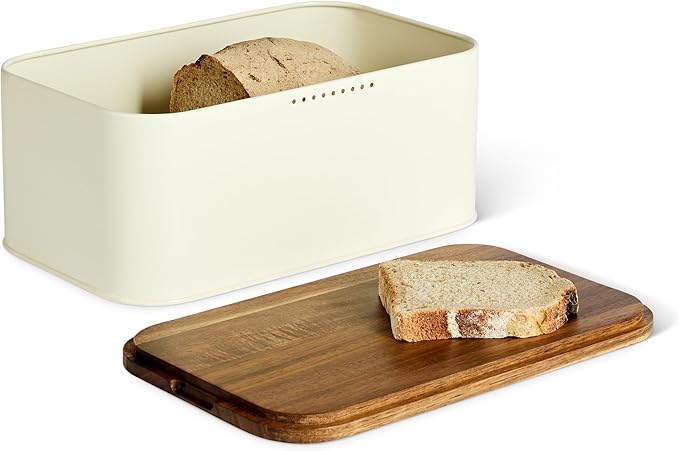Amazon Basics Carbon Steel Bread Box with Acacia Wood Lid, Lid Doubles as Cutting Board, 11.9 x 7.1 x 5.2 in