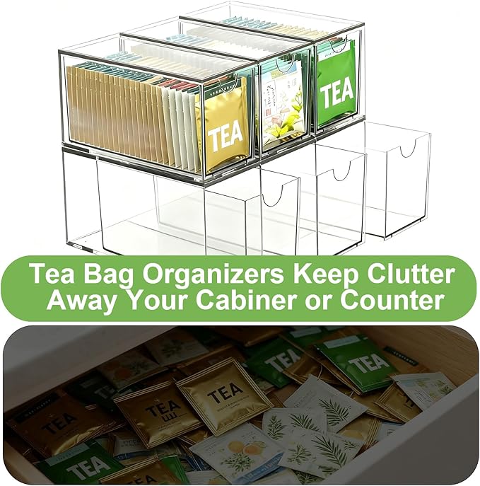 6 Pack Stackable Tea Bag Organizer Drawers – Clear Acrylic Tea Bag Holder for Cabinet, Drawer, Pantry, Countertop – Kitchen Tea Storage Container