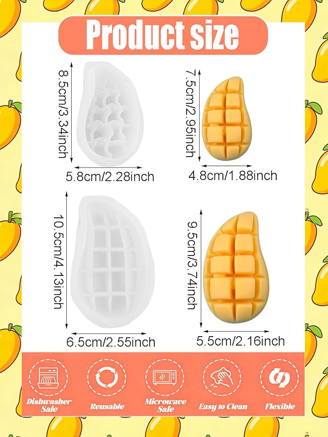 Mango Silicone Mold – 2 Pieces Mangos Slice Silicone Fruit Mold for Chocolate, Candy, Fondant, Candle, Soap, Resin & Cake Decor, 3D DIY Baking Tool for Parties & Gifts (Mango)