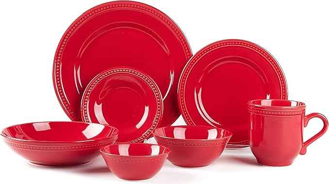 Pearl Dots Stoneware Dinnerware Set (42pc Set, Red)