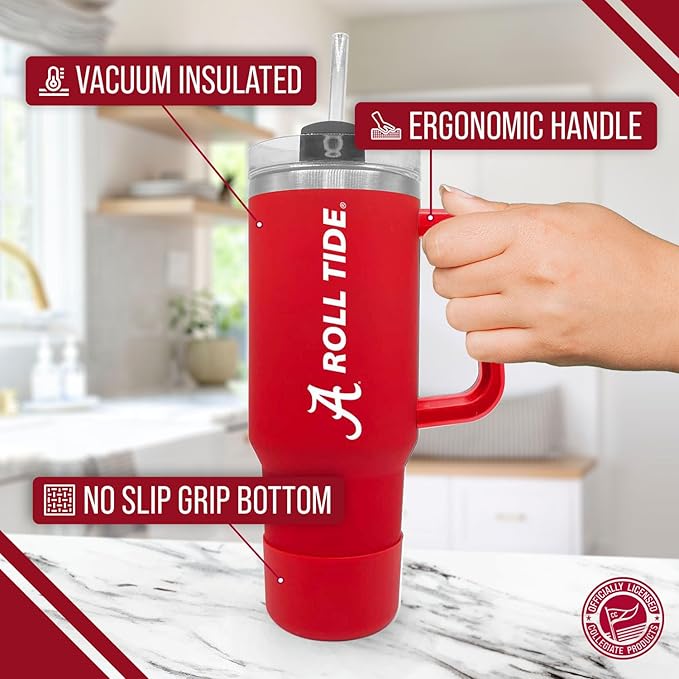 Campus Colors College & University 40 oz Travel Tumbler With Handle - Dual Option Lid With Straw - Vacuum Insulated Stainless Steel (Alabama Crimson Tide - Crimson)