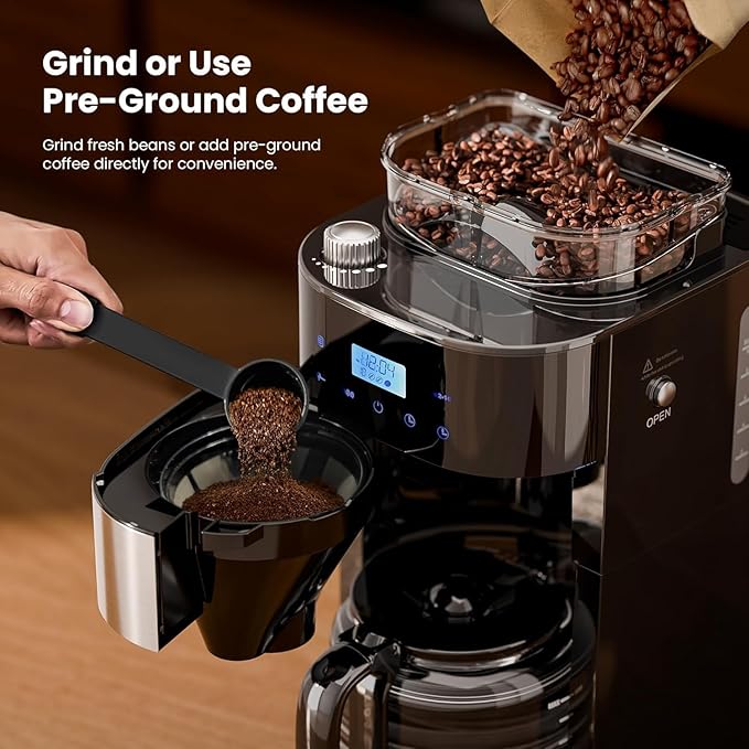 Kismile 10-Cup Digital Drip Coffee Maker with Built-In Grinder, Programmable, 12H Timer, Keep-Warm Function, Customizable Strength & Grind Size, Coffee Machines with Smart LED Touchscreen