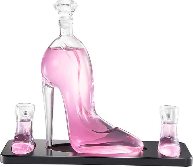 Heel Stiletto High Heels Whiskey and Wine Decanter With Heel Glasses & Wood Base - Elegant with Stopper for Liquor, Bourbon, Tequila - Unique High Heel Design, Present Gift for Women, Stylish Barware