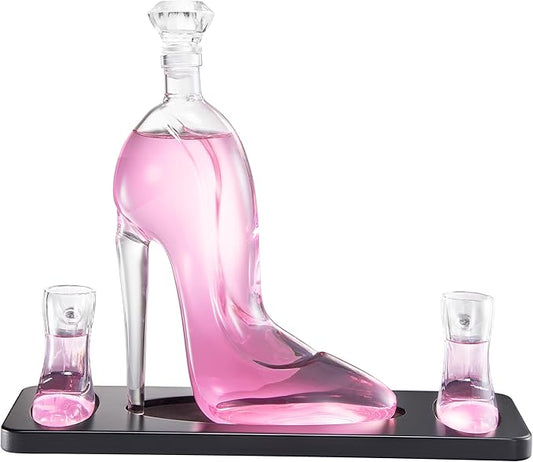 Heel Stiletto High Heels Whiskey and Wine Decanter With Heel Glasses & Wood Base - Elegant with Stopper for Liquor, Bourbon, Tequila - Unique High Heel Design, Present Gift for Women, Stylish Barware