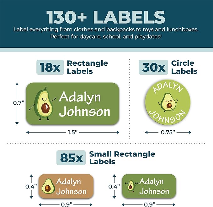 Personalized Daycare Name Labels for Kids (130 Labels) - Custom Waterproof Name Stickers for Clothing Tags, Water Bottles, Lunch Boxes and School Supplies (Avocados)