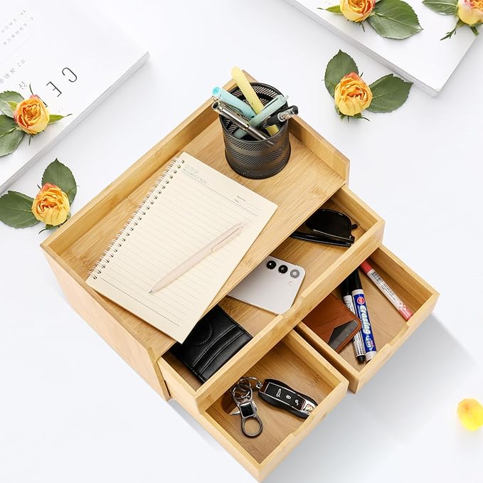 Charmewooden Bamboo Desk Organizer With Drawers Countertop Drawers Counter Storage Box Corner Desk Organizer for Home Office No Assembly Required (3 Drawers with shelf)