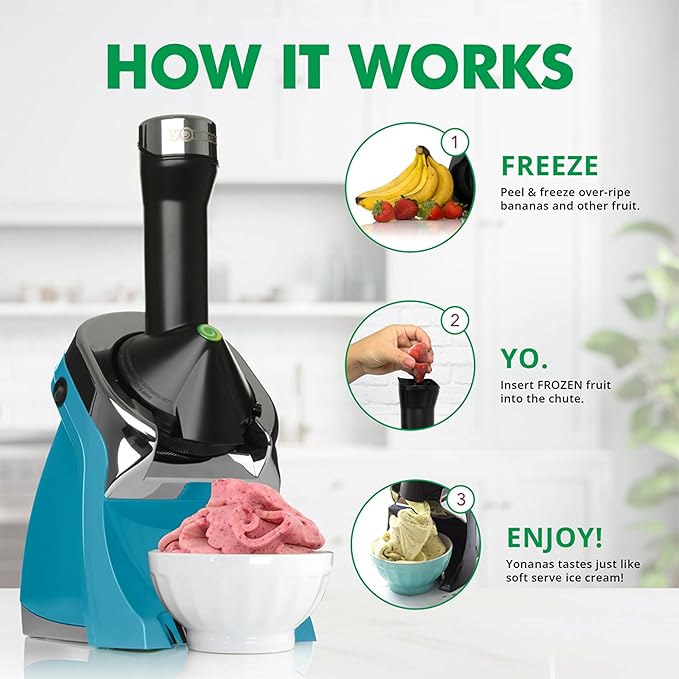 Yonanas 988TL Deluxe Vegan Non-Dairy Frozen Fruit Soft Serve Dessert Maker, BPA Free, Includes 75 Recipes, 200 Watts, Teal