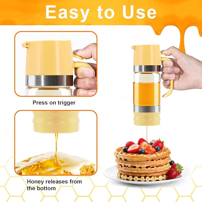 Neodaco Glass Honey Dispenser No-drip with Handle – 9 oz Maple Syrup Container Honey Jar for Coffee, Pancakes & Waffles