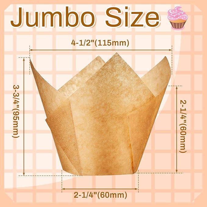 Motiskyy Jumbo Muffin Liners for Baking 2-1/4" x 4" Large Tulip Cupcake Liners Greaseproof Cupcake Wrapper Paper for Weddings Birthday Christmas Anniversaries Party (Light Brown,300 Pcs)