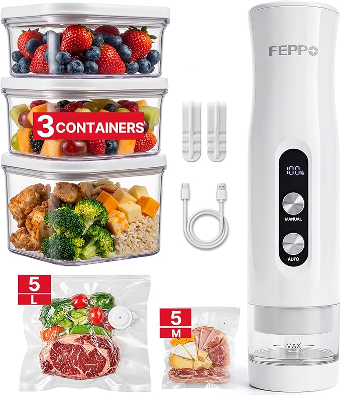 FEPPO Compact Vacuum Sealer for Food (Vacuum Sealer Machine + 3 Containers + 10 Reusable Bags), Anti-Overflow Powerful Portable Handheld Food Sealer, Auto & Manual Modes, Travel Lock, Easy-Clean