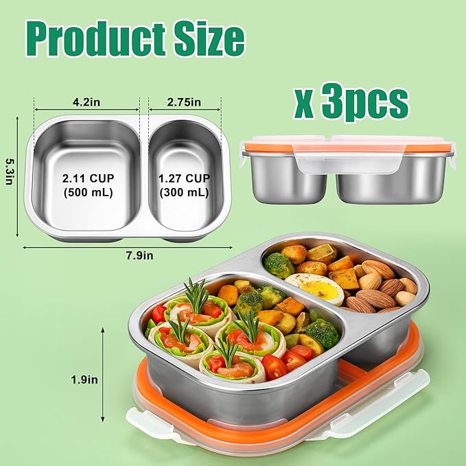 Palksky Lunch Containers Meal Prep Containers Stainless Steel, 2 Compartment Food Storage Containers with Leak-Proof Lids, Reusable Airtight Bento lunch Boxes, Kitchen Storage, Freezer (3 Packs)