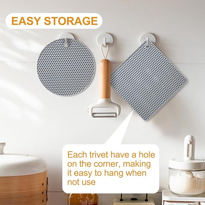 Silicone Trivet Mats, 4 Pack Hot Pads Pot Holders for Kitchen, Heat Resistant Non-Slip Trivets for Hot Dishes, Hot Pots and Pans, Countertop, Table, Food Grade Silicone & BPA Free, Gray