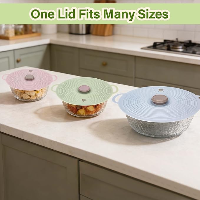 Silicone Lids for Bowl 3 Pack, Microwave Splatter Cover with 3 Sizes Reusable Heat Resistant Lids Fits Bowls, Plates, Pots, Pans, Skillets, Stove Top, Oven, Fridge Dishwasher Safe