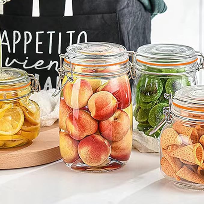 Glass Jars 32oz,Airtight Glass Food Storage Jar with Clamp Lid,1000ml Rounded Airtight Canister with Leak Proof Rubber Gasket,Clear Glass Kitchen Jars for Dry Food,Cereal,Beans,6 Pack