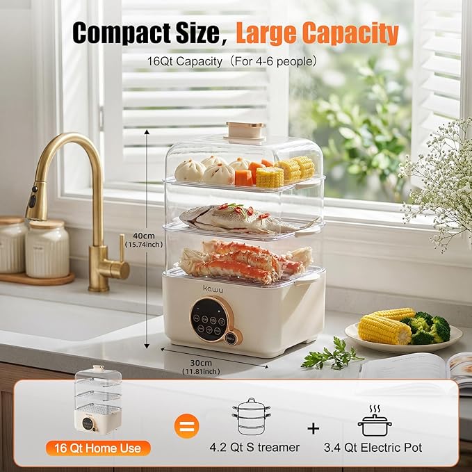 Kawu 16 Quart Food Steamer for Cooking, 4-Tier Electric Vegetable Steamer Hot Pot with Stainless Steel Tray, 1100W Fast Heating, 12H Timer, Keep Warm, Digital Steam Cooker for Grains, Meat & Sea Food