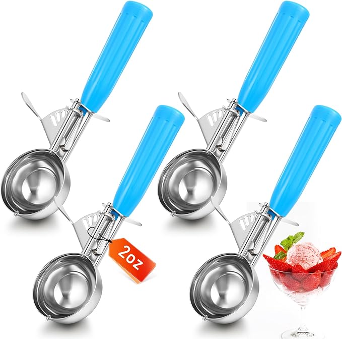 Reallnaive 4 Pcs Release Cookie Scoops Ice Cream Scooper with Trigger Release Portion Scoop Stainless Steel for Portion Control, Baking Food, Cookie Dough (2 oz,Blue)