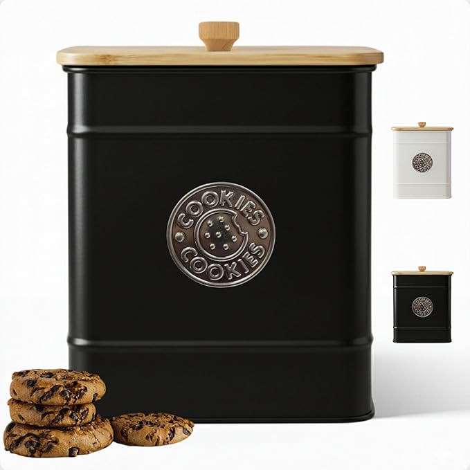 Cookie Jar with Airtight Lid - 1 Gallon - 6"D x 8"H Black Iron Cookie Tin with Bamboo Lid - Large Cookie Jars with Lids Airtight - Farmhouse Cookie Jars for Kitchen Counter Decorative - Cookies Jar