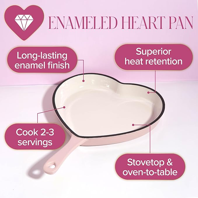 Paris Hilton Enameled Cast Iron Heart Skillet Pan, Superior Heat Retention, Oven Safe, Long-Lasting Enamel, 10-Inch, Pink