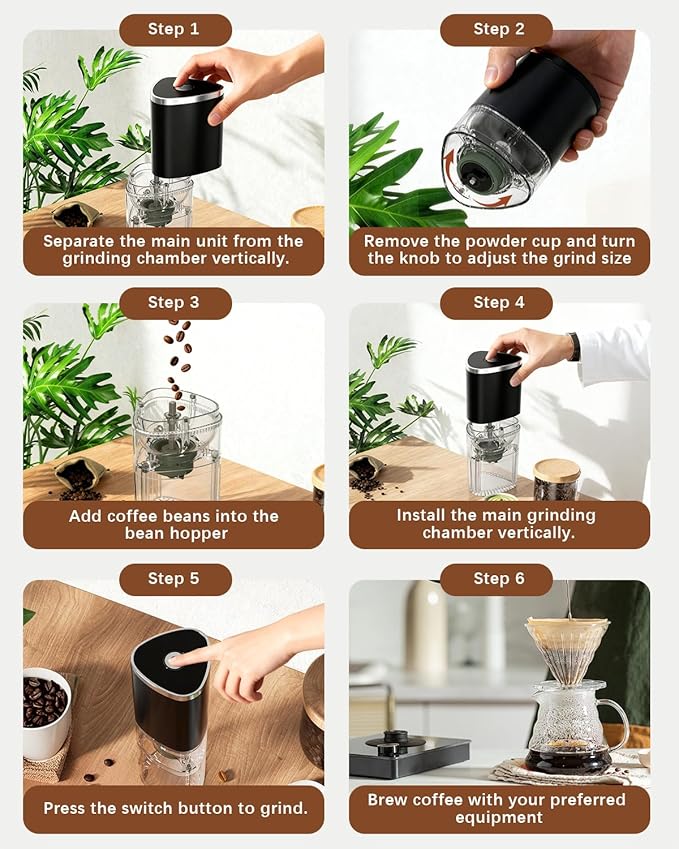 Portable Electric Coffee Grinder, Ergonomic Palm-Fitting Design for Comfortable Grip, USB Type-C Wireless Charging Adjustable Grind Settings for Coffee Beans/Grains(Black)