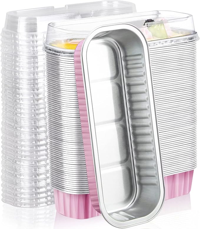 EUSOAR Dessert Cups with Lids, 100pcs 6.8oz 6.5"x2.5"x1.2" Pink Aluminum Foil Baking Cups Mini Loaf Pan Tin, Disposable Ramekins Containers Cheesecake Creme Brulee for Party Shower Wedding Gathering
