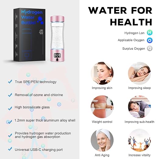 Hydrogen Water Bottle Generator with SPE/PEM Technology, 5000PPB,Portable Rechargeable Hydrogen Water Ionizer Machine for Home,Office, Gym,Travel -Gift for Holidays