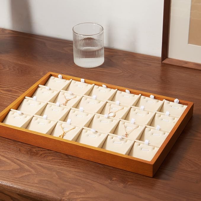 Oirlv Wood 24 Grids Jewelry Tray with Removable Inserts Jewelry Pads Necklace/Pendant Display Organizer Tray(Creamy-white)