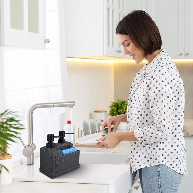 Kitchen Hand Soap and Dish Soap Dispenser Set,Dual Soap Dispenser with Sponge Holder 3-in-1 Organizer for Kitchen Sink,Bathroom,Useful Kitchen Gadgets - Black