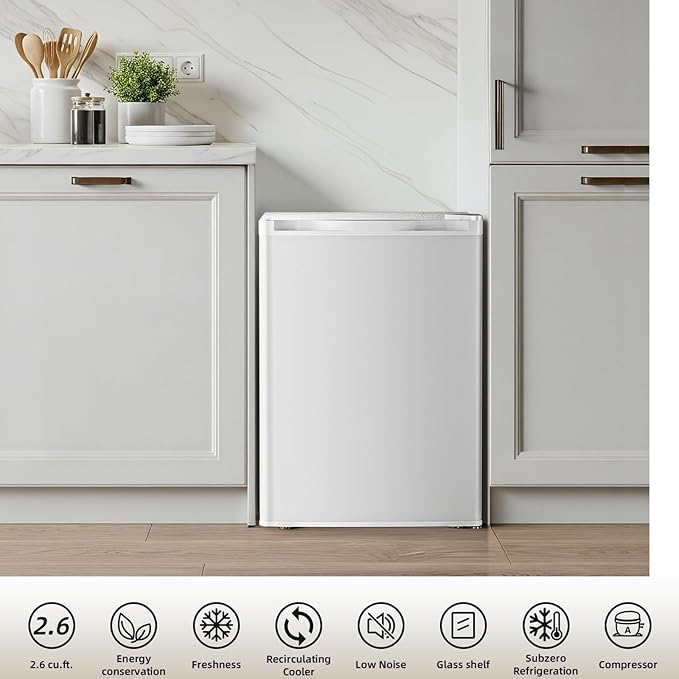 Antarctic Star 2.6 Cu.Ft.Compact Refrigerator with Freezer, Mini Fridge Single Door with Adjustable Thermostat,Removable Glass Shelves for Apartment,Dorm,Office,Kitchen，WHITE