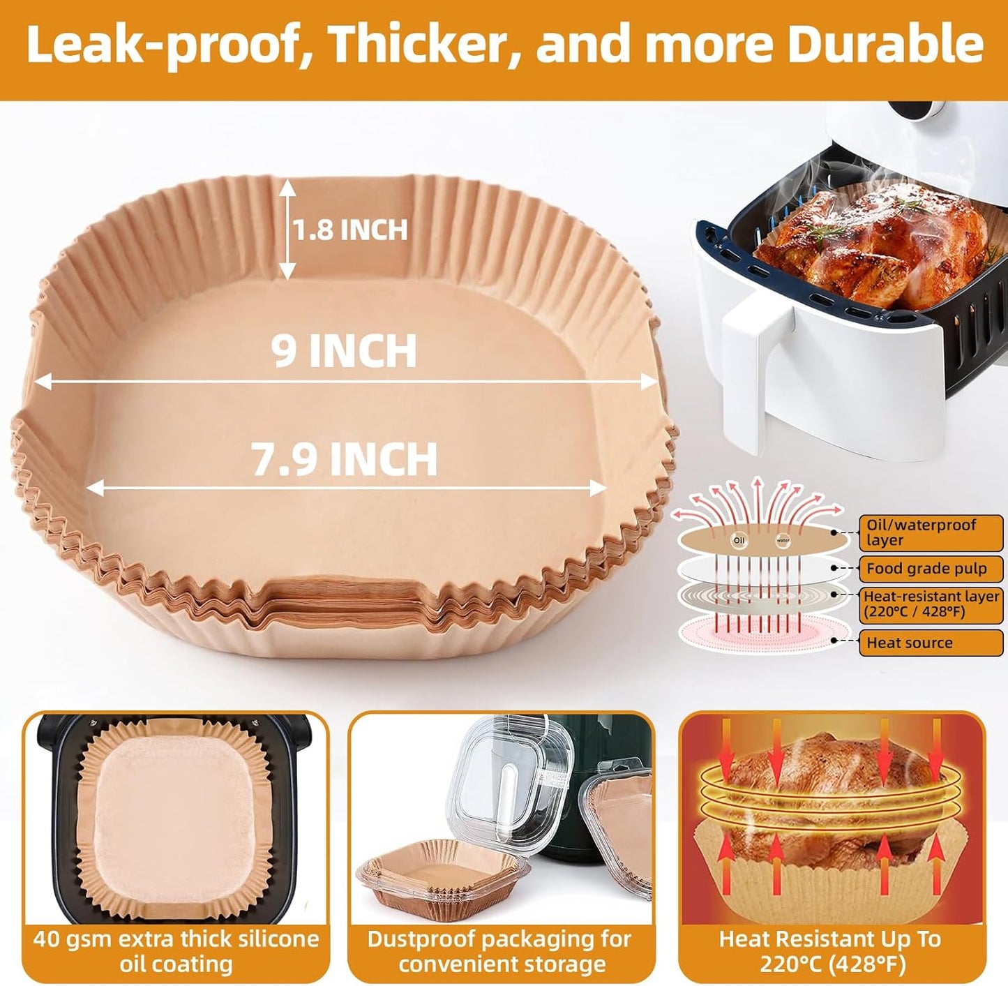 Air Fryer Paper Liners for 6-8 Qt Airfryer, 200pcs 7.9 x 7.9 inch XL Square Disposable Parchment Tray