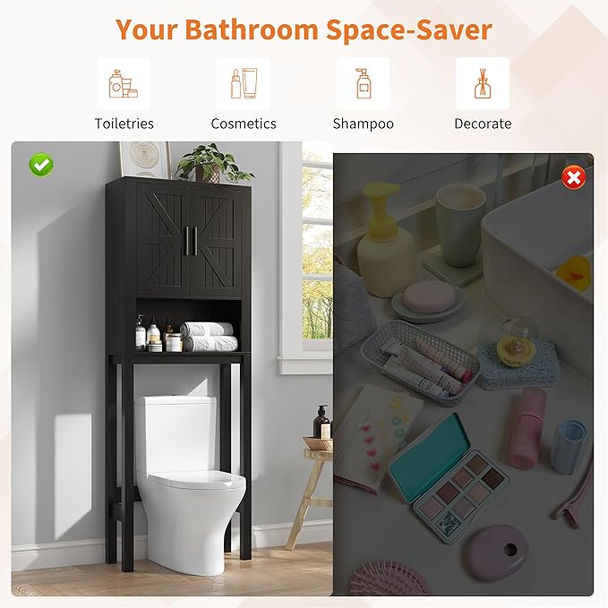 IDEALHOUSE 23.6 Inches Wide Toilet Rack with Over The Toilet Storage Cabinet, Bathroom Shelf Organizer with Anti-Tip Device, Small Freestanding Space Saver with Adjustable Shelf (Black 23.6" W)
