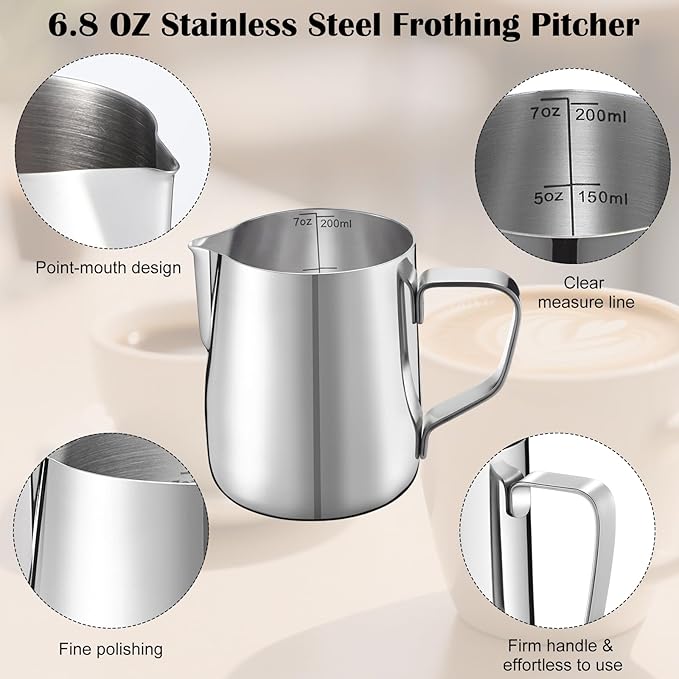 Honeydak 12 Pcs Milk Frothing Pitcher 304 Stainless Steel Steaming Pitchers for Coffee Bar Cappuccino Barista Tools Milk Jug Steamer Frother Cup (7 oz,Silver)