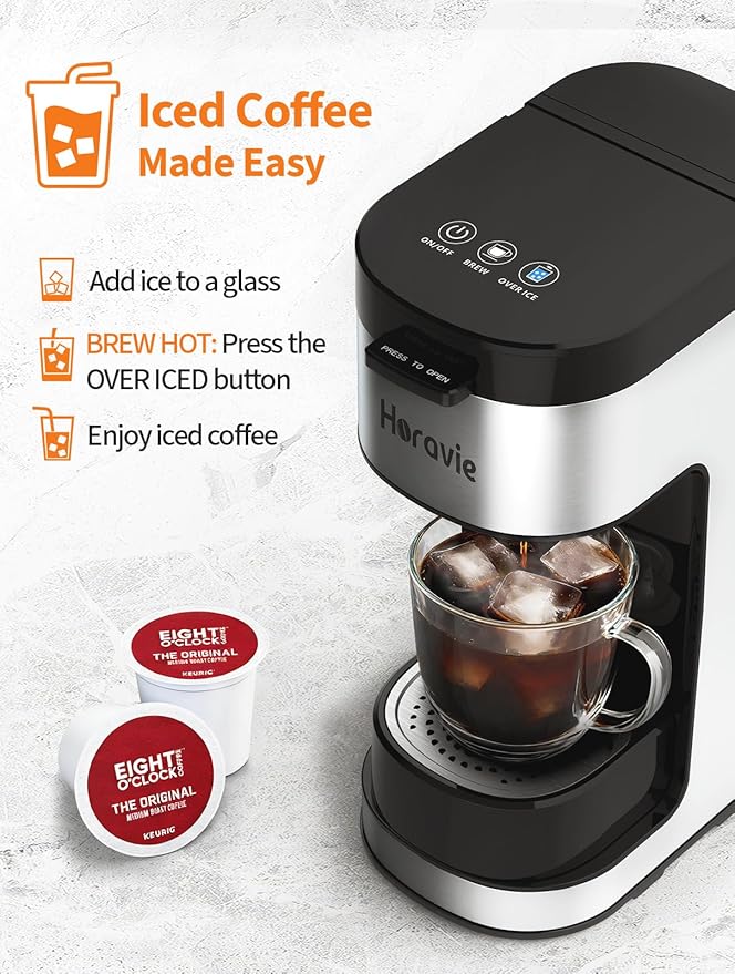 Horavie Single Serve Coffee Maker, Hot and Iced Coffee Maker for K Cup and Ground, 6 to 14 Oz Brew Sizes Single Cup Coffee Maker with Descaling Alert, Ideal for Home, Travel, RV and Dorm,Black
