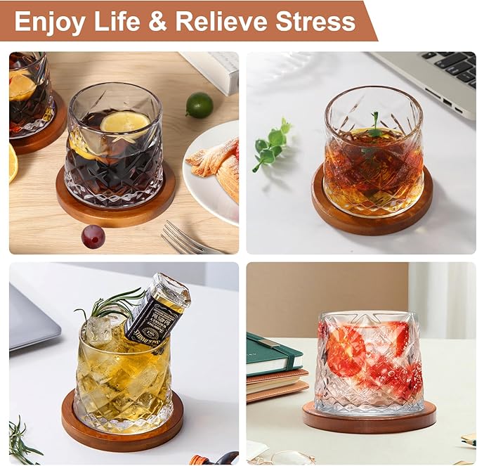 Rotatable Old Fashioned Glass Cup, 275ml/10oz Crystal Whiskey Glass, Wood Coaster, Thickening, Used as Rum Glass, Cocktail Cup, Coffee, Milk to Relax and Reduce Stress, Ideal Gift