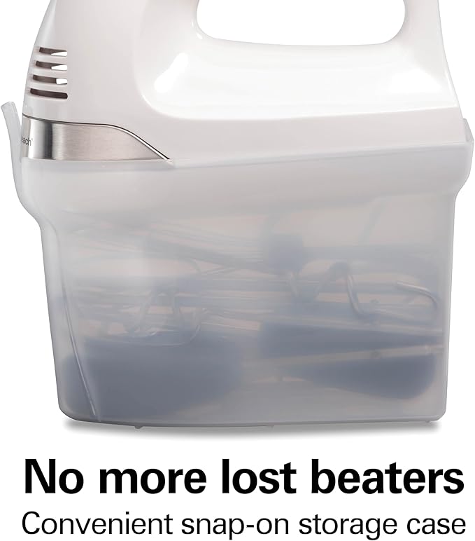 Hamilton Beach 6-Speed Electric Hand Mixer with Whisk, Dough Hooks and Easy Clean Beaters, Powerful 275 Watt Motor, Snap-On Storage Case, White