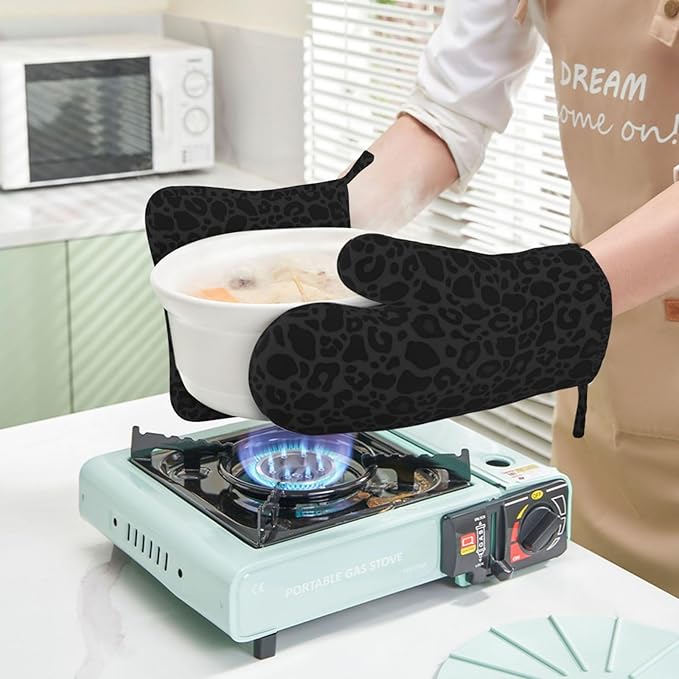 Black Leopard Oven Mitts and Pot Holders Sets Silicone Leopard Print Kitchen Oven Mitts Hot Pads Heat Resistant Cheetah Print Potholders Kitchen Mitts Set for Baking BBQ Cooking