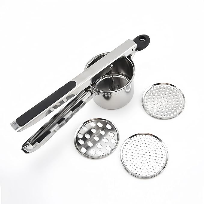 Potato Ricer Stainless Steel with 3 Interchangeable Discs, Heavy Duty Potato Masher & Squeezer, Hand Ricer for Mashed Potatoes and Food Press, Easy to Clean Kitchen Gadgets